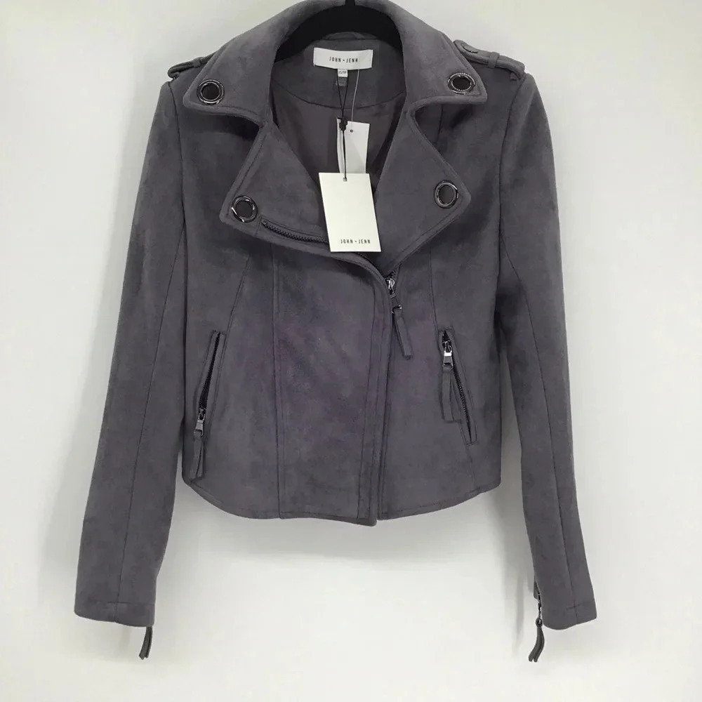 John + Jenn Women’s Moto Jacket Faux Suede Gunmetal Gromet Detail Casual Size XS